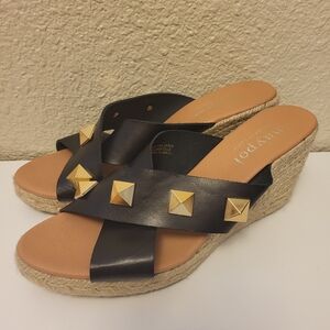 Maypol Black Leather Gold Studded Wedges Size 42